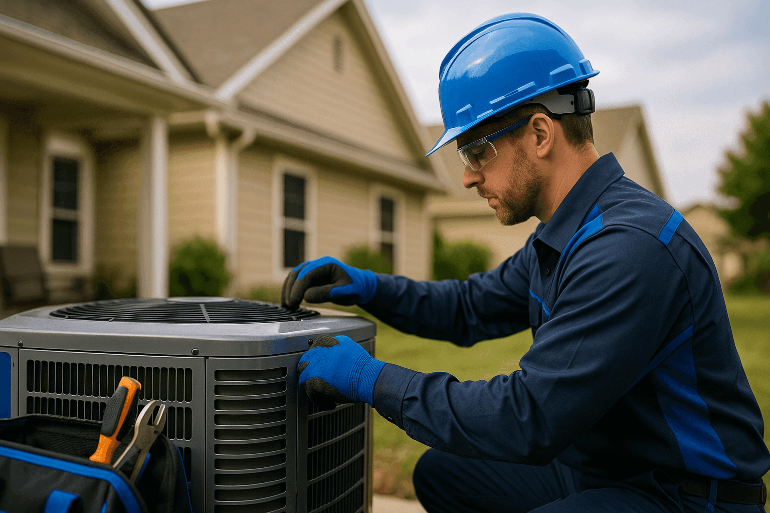 Professional HVAC technician in PPE adjusting outdoor unit at suburban home