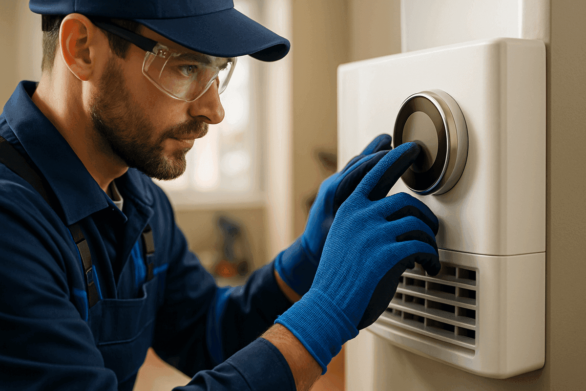 Gloved hands of HVAC technician adjusting thermostat indoors in modern home