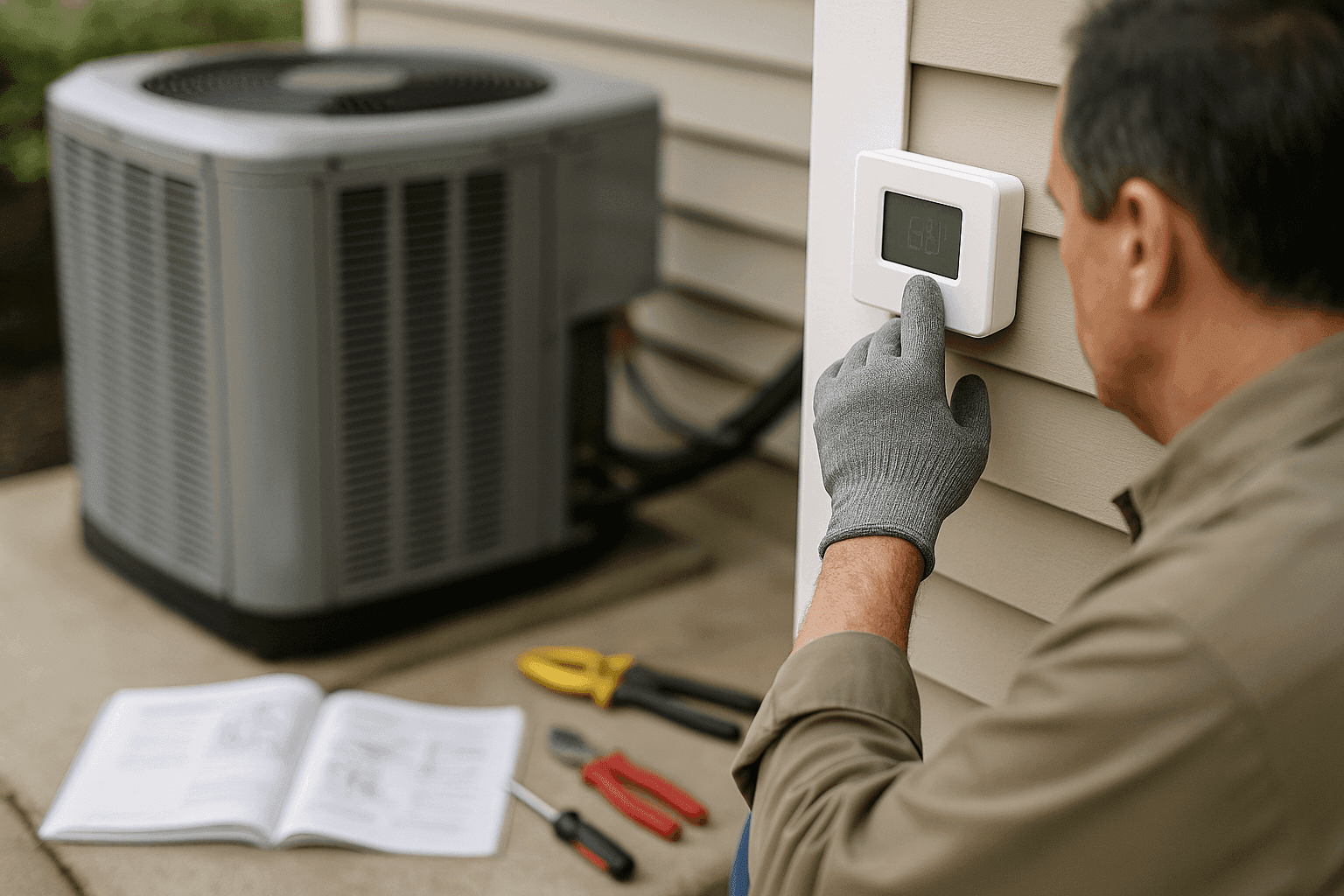 Propietario solucionando problemas del termostato HVAC con herramientas y manual