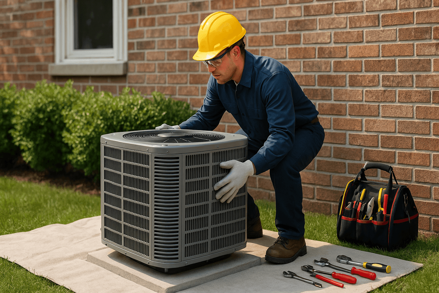 HVAC technician installing new residential air conditioning unit