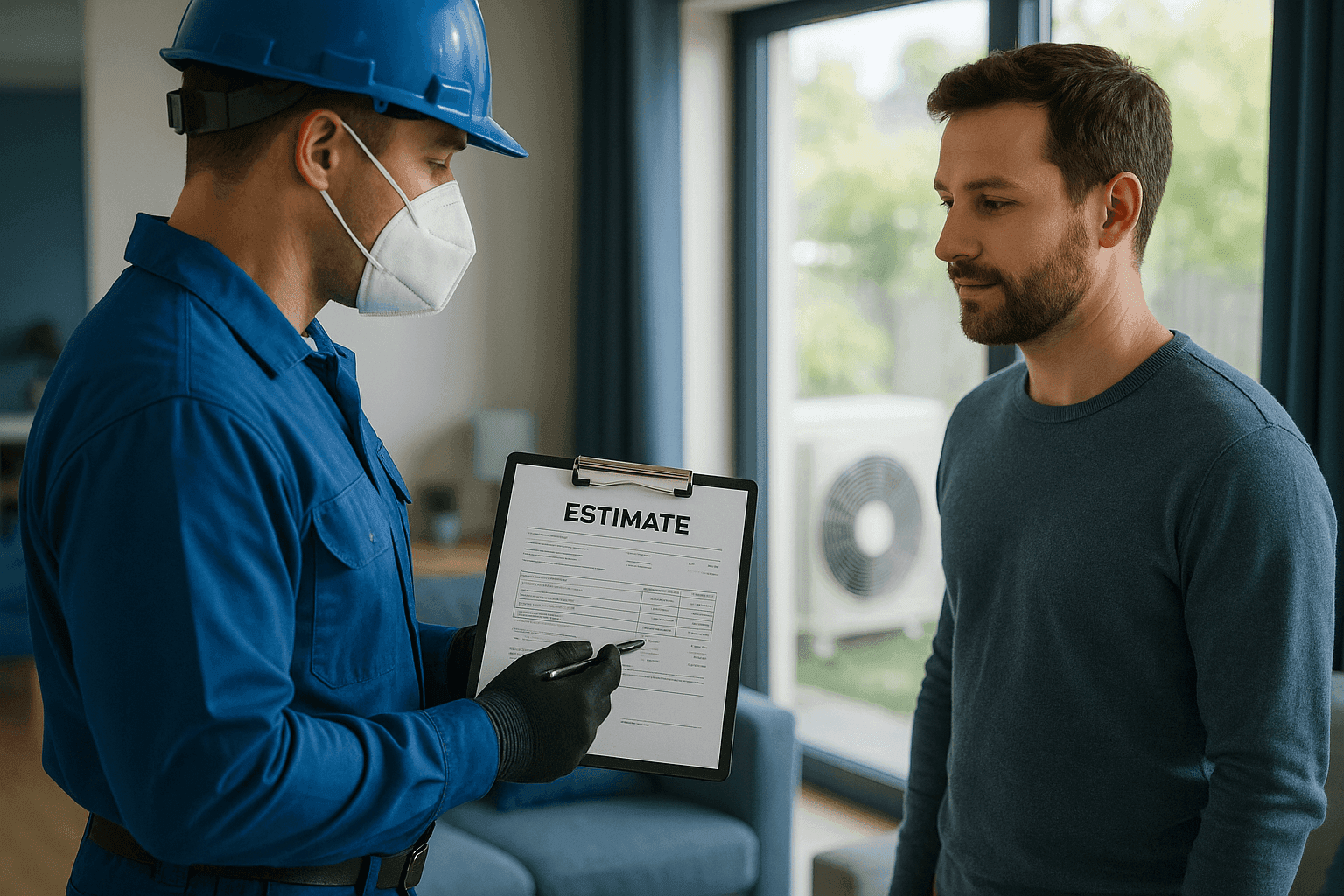 HVAC technician reviewing AC installation estimate with homeowner