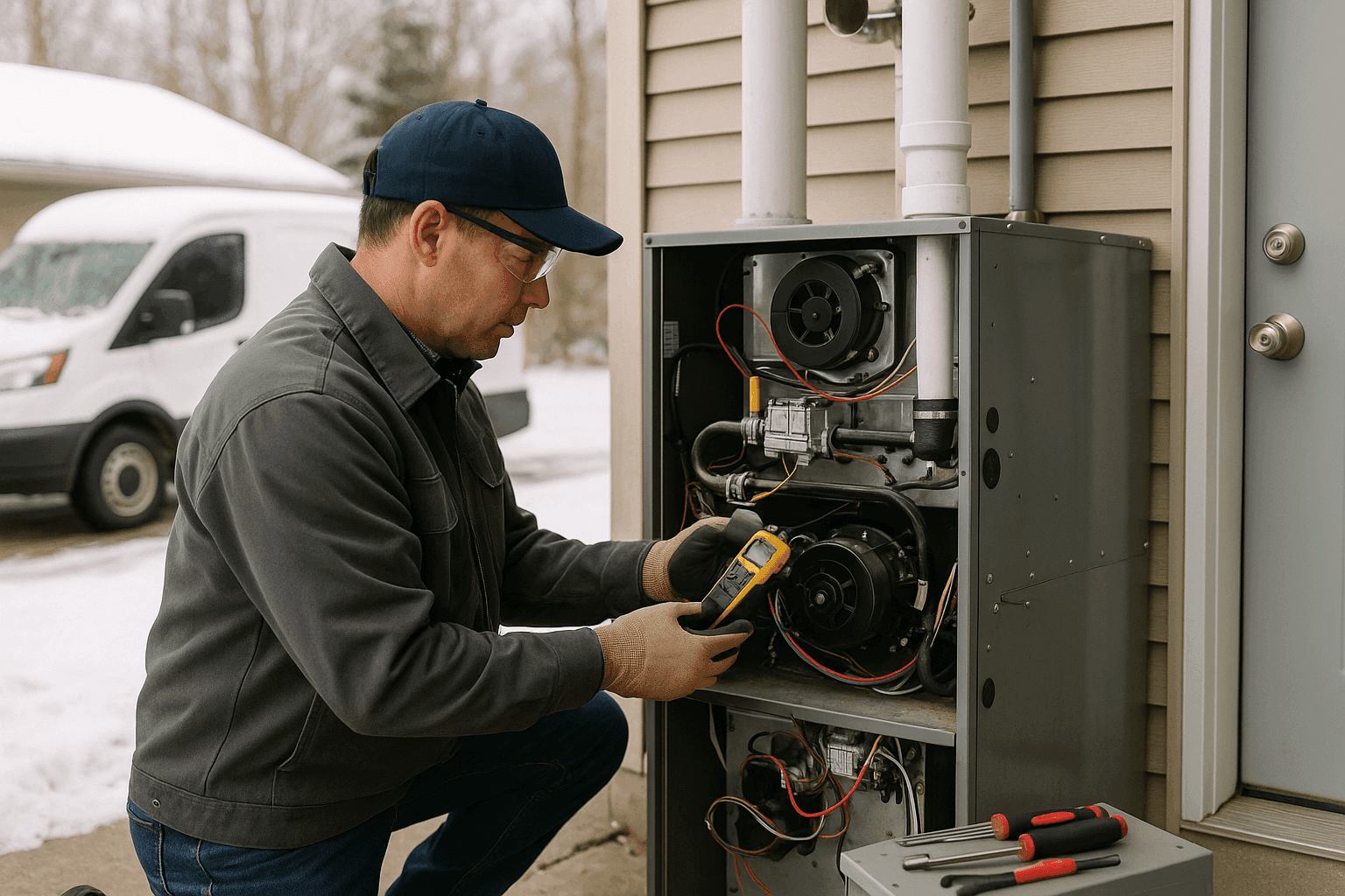 Técnico HVAC realizando inspección de horno de invierno en una casa