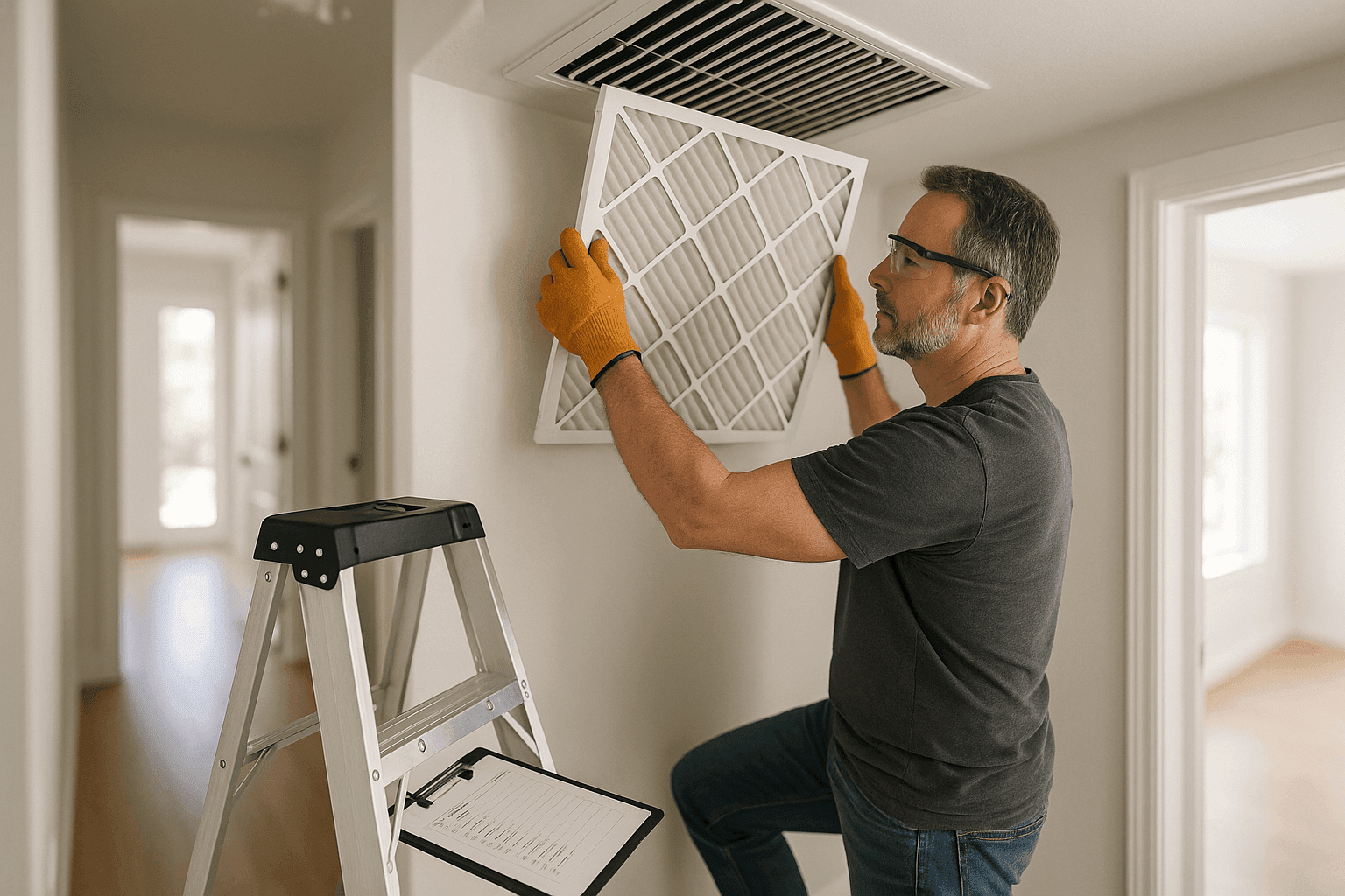 Propietario cambiando el filtro de HVAC en la rejilla de retorno del pasillo