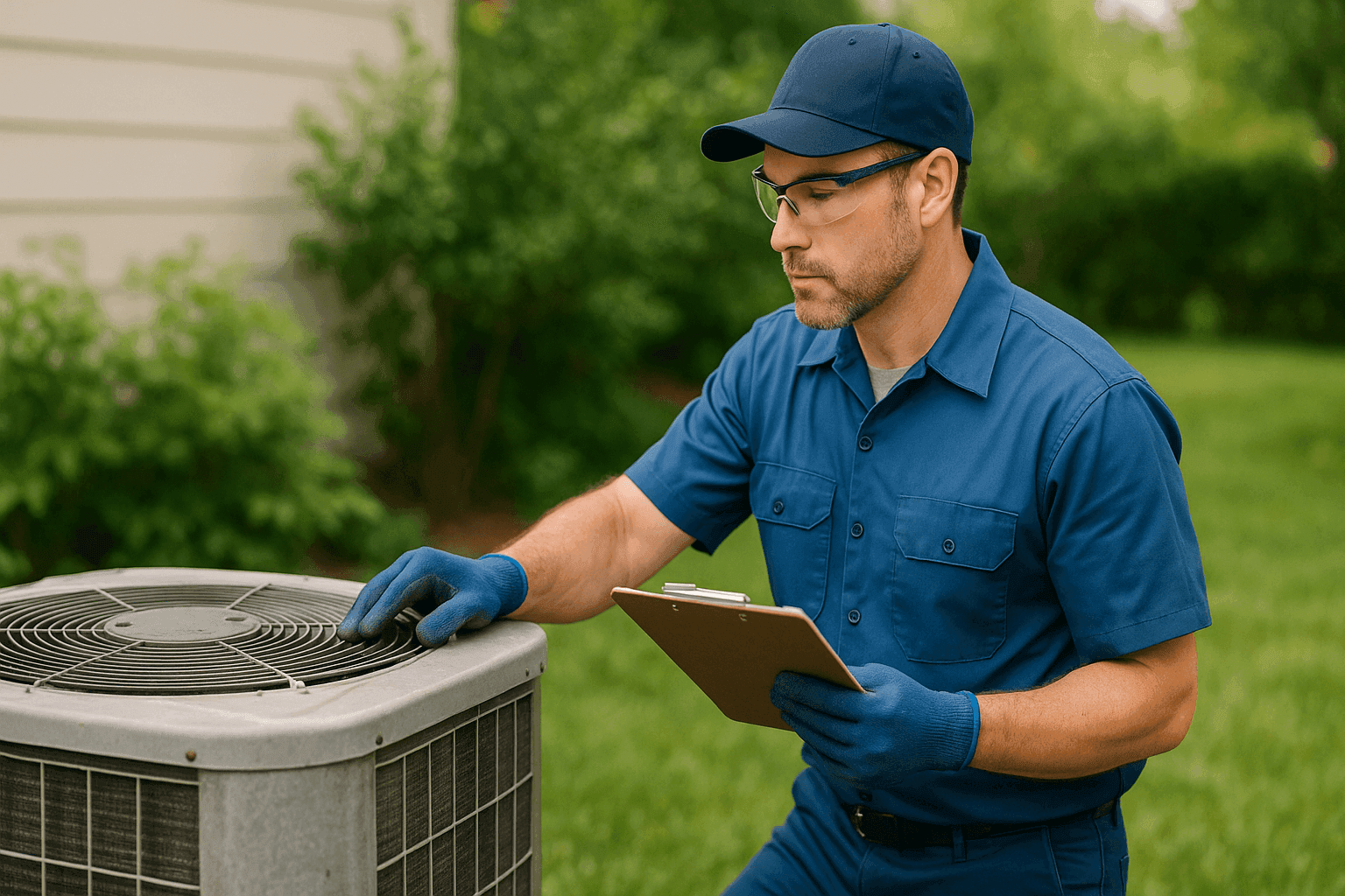 Technician inspecting aging HVAC unit outdoors with checklist