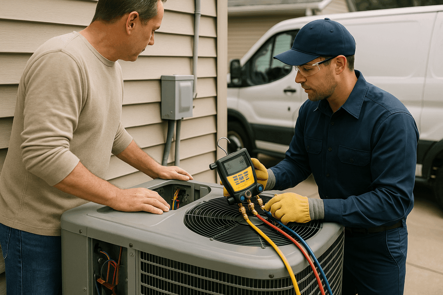 Propietario consultando con técnico HVAC para preparación de emergencia