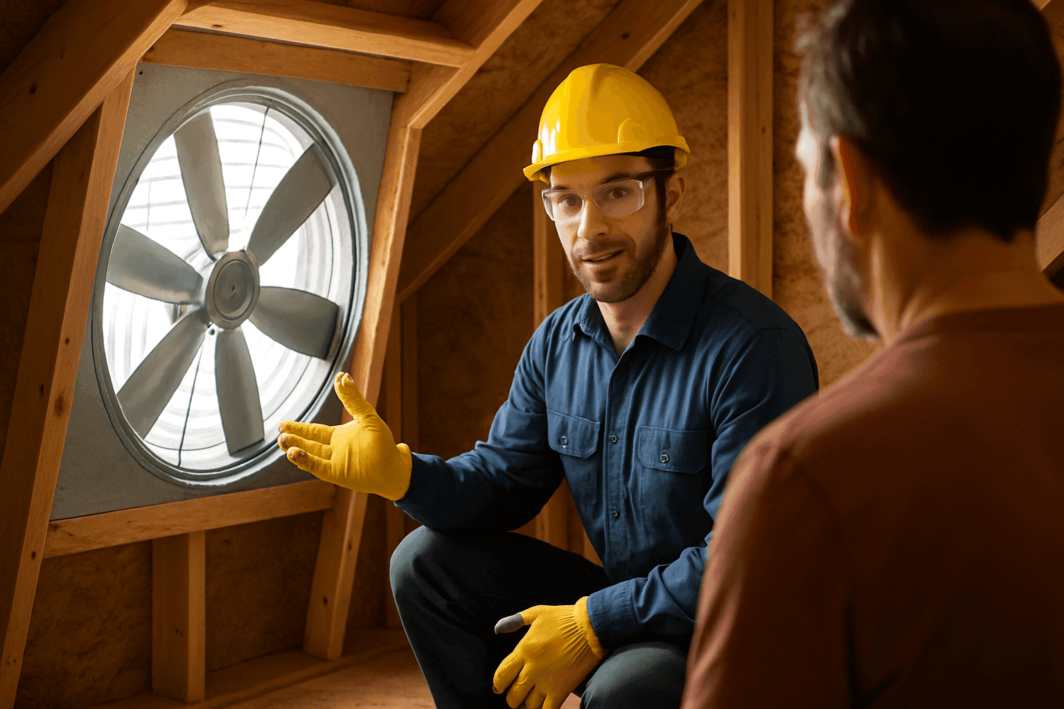 Technician explaining whole-house fan operation to homeowner in attic